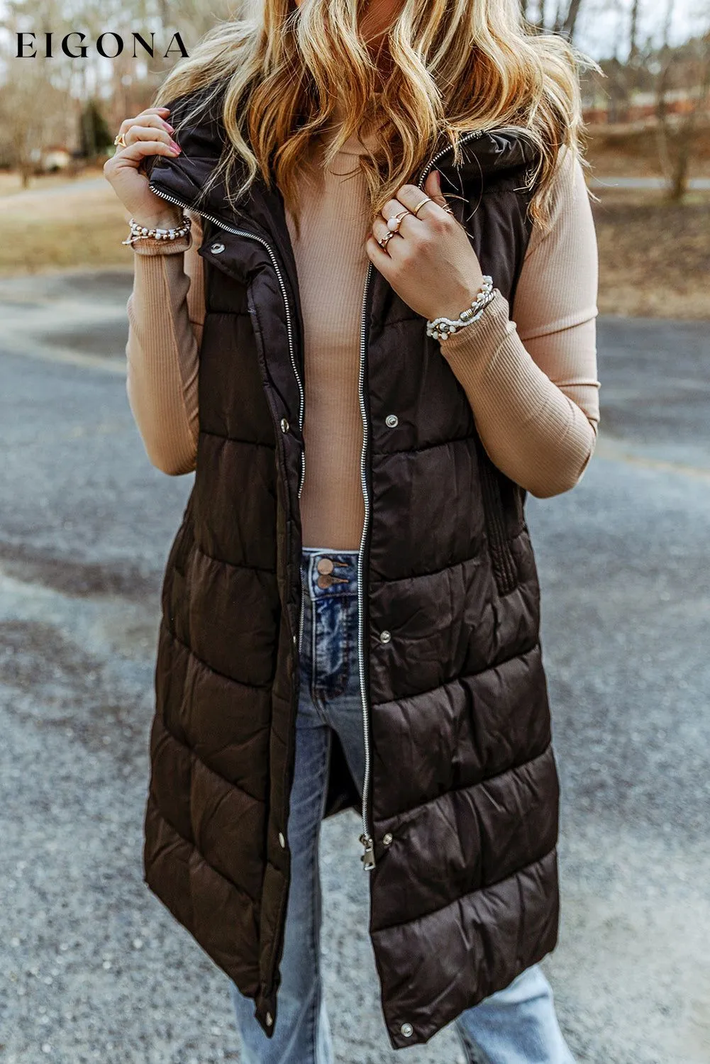 Black Hooded Long Quilted Vest Coat