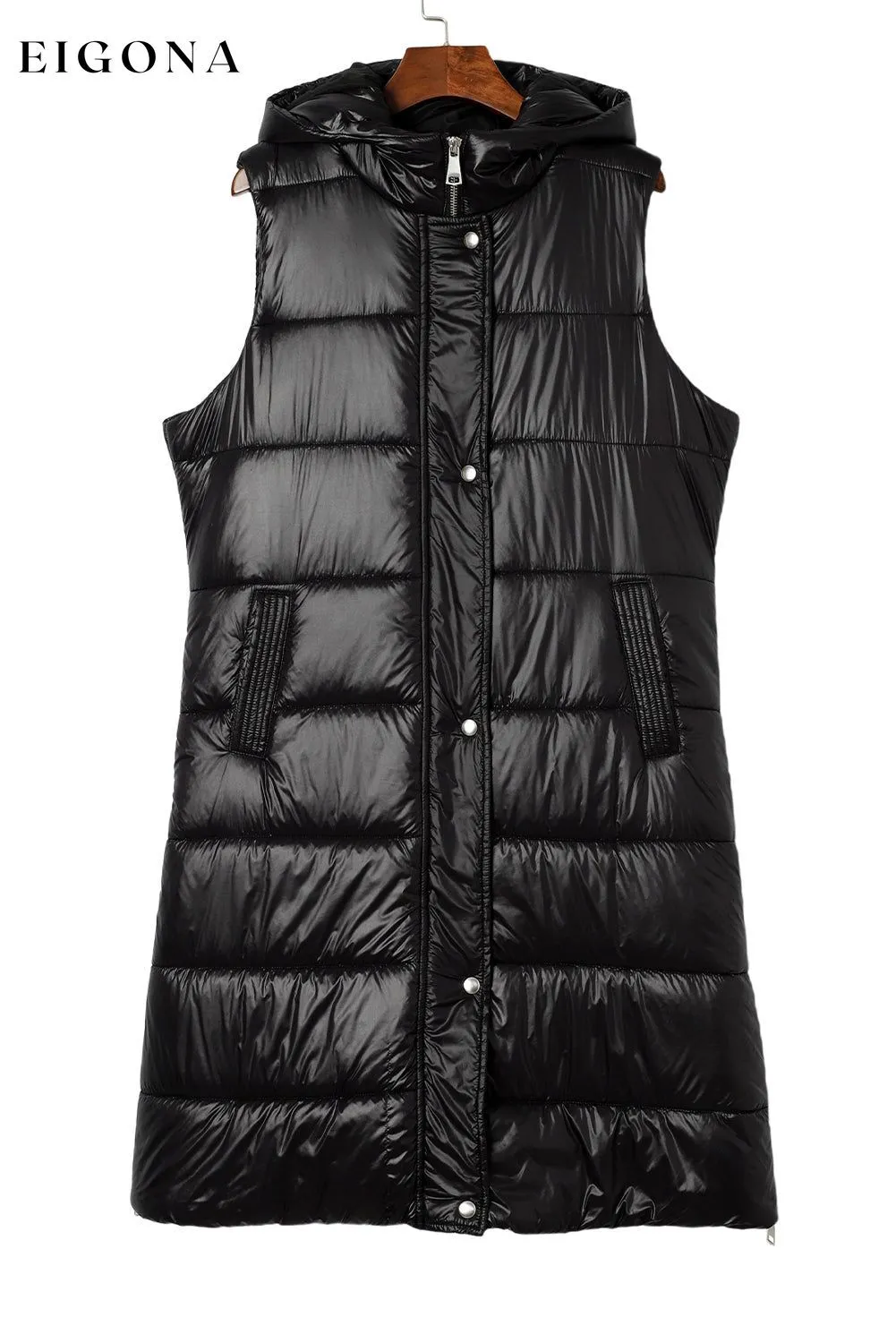Black Hooded Long Quilted Vest Coat