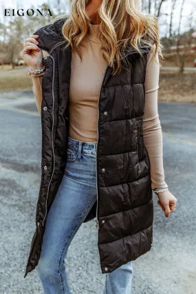 Black Hooded Long Quilted Vest Coat