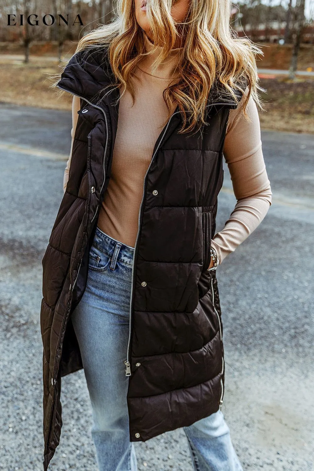 Black Hooded Long Quilted Vest Coat