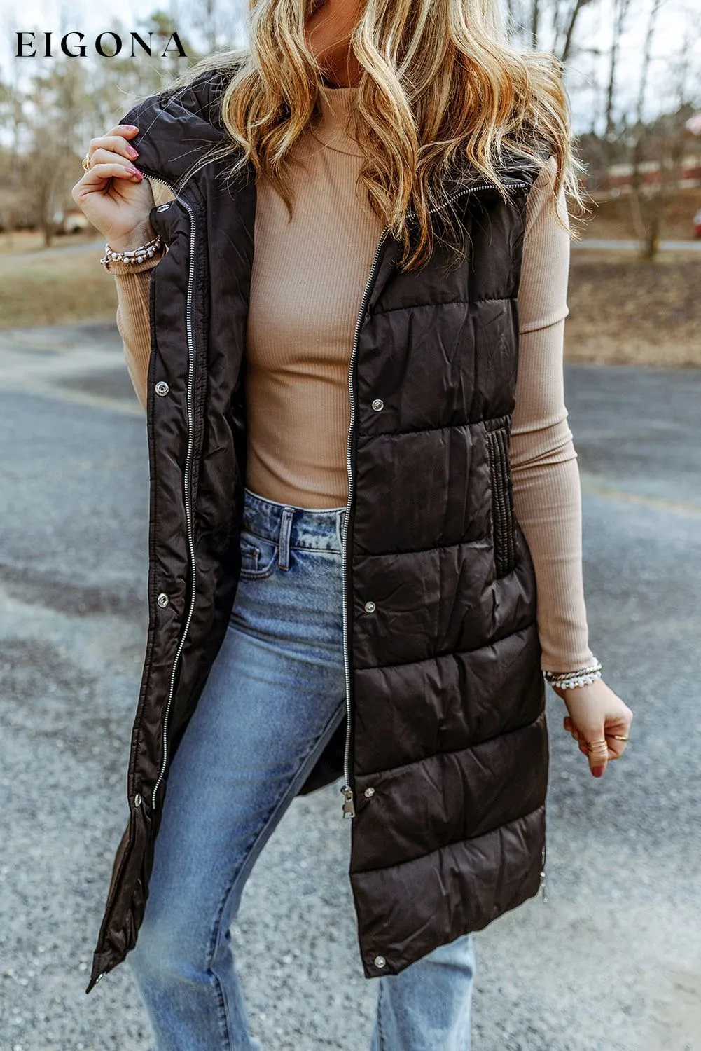 Black Hooded Long Quilted Vest Coat