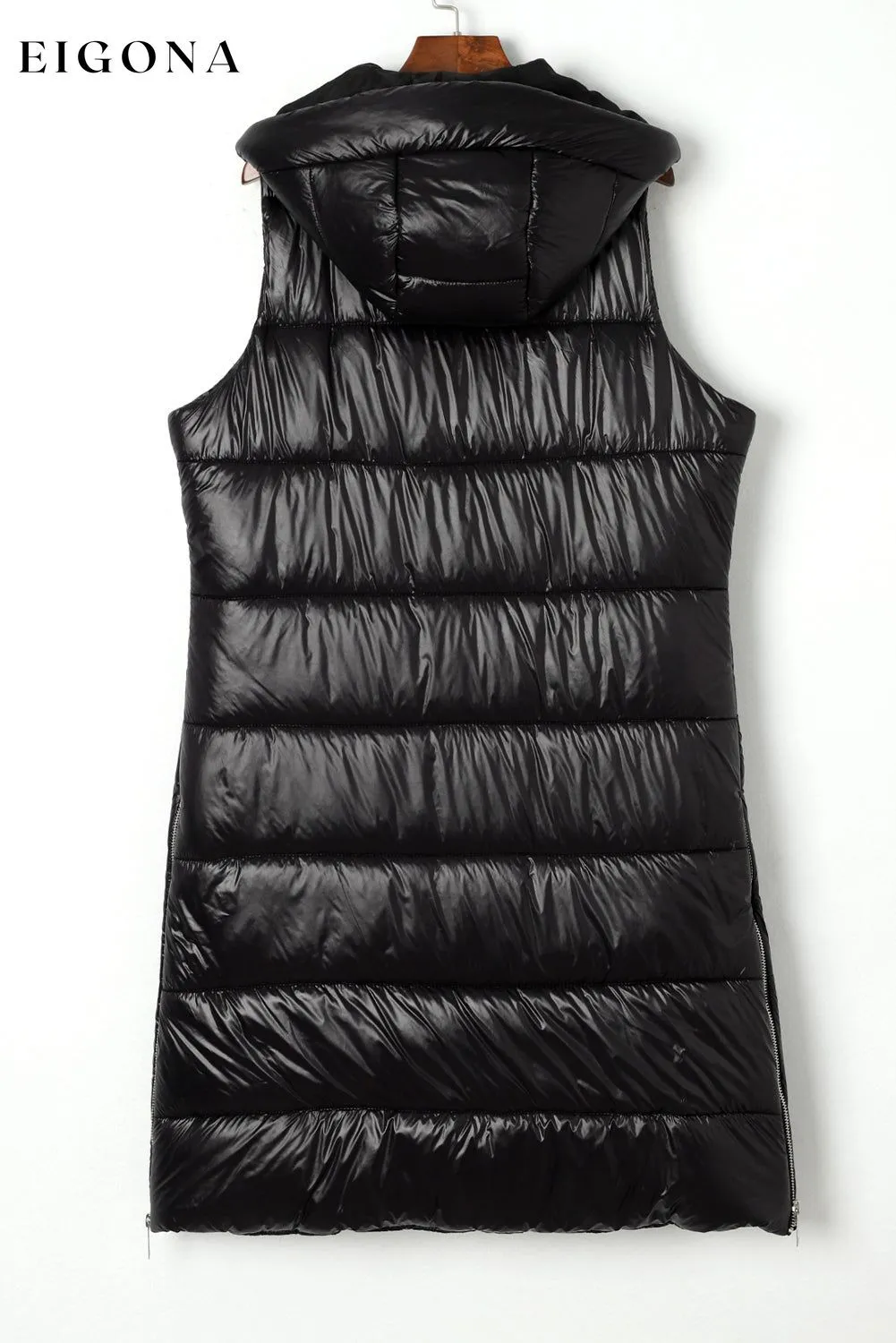 Black Hooded Long Quilted Vest Coat