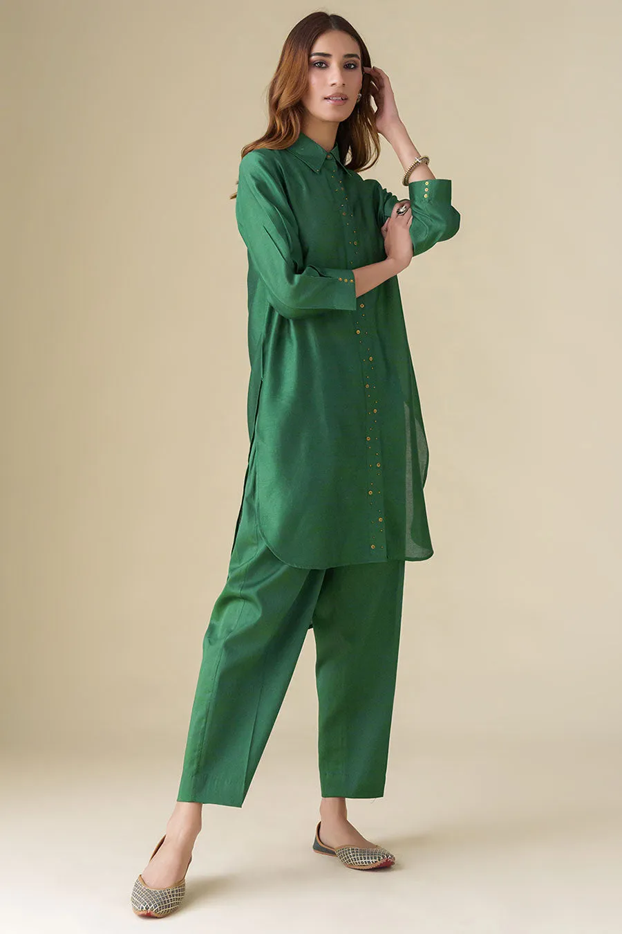 Bottle Green Embellished Tunic & Pants (Set of 2)