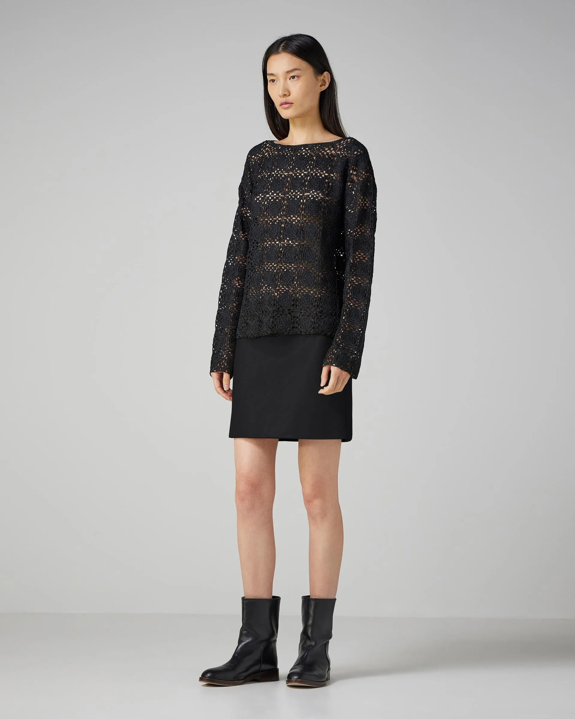 Elodie Crochet Top in Silk, Black