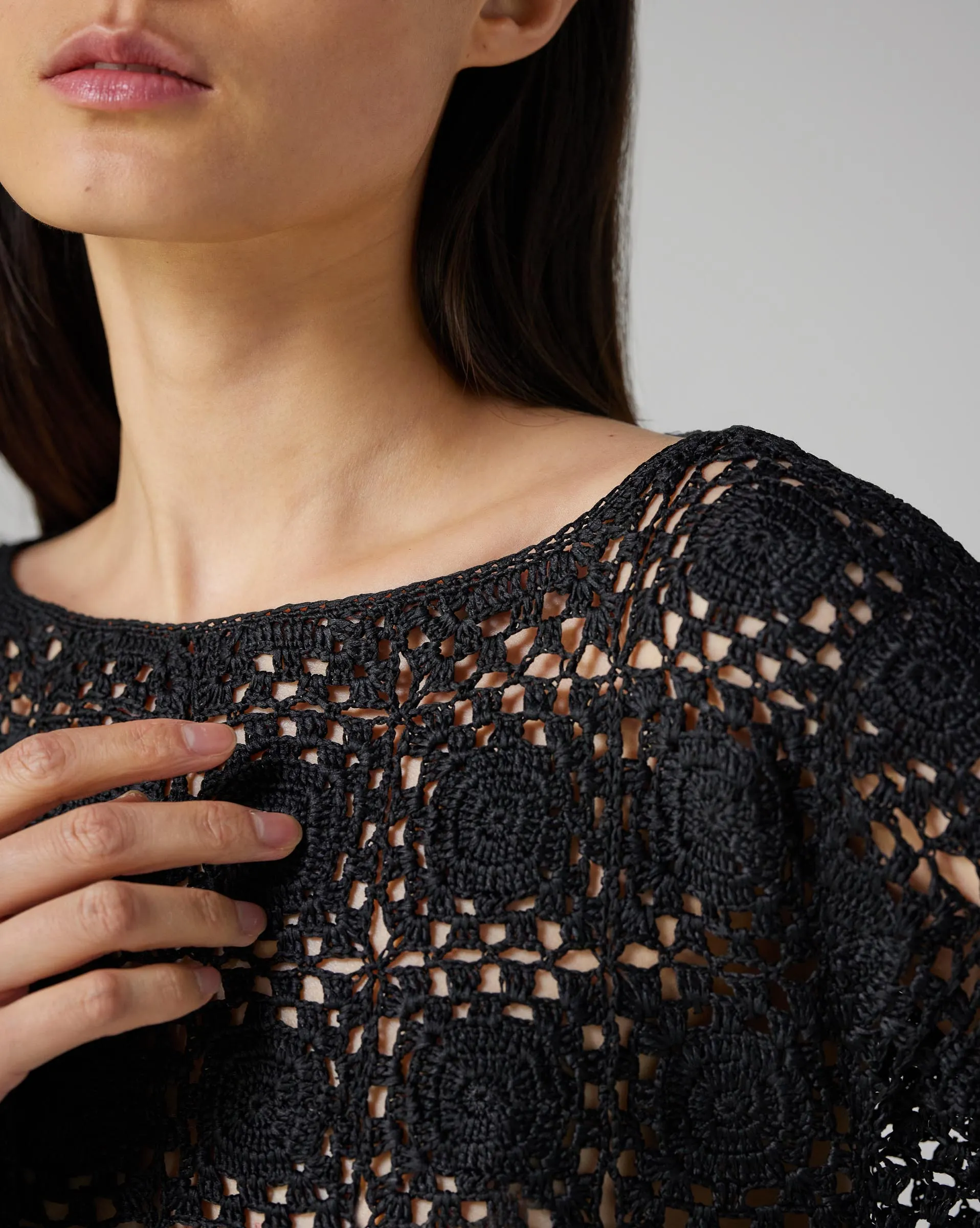 Elodie Crochet Top in Silk, Black