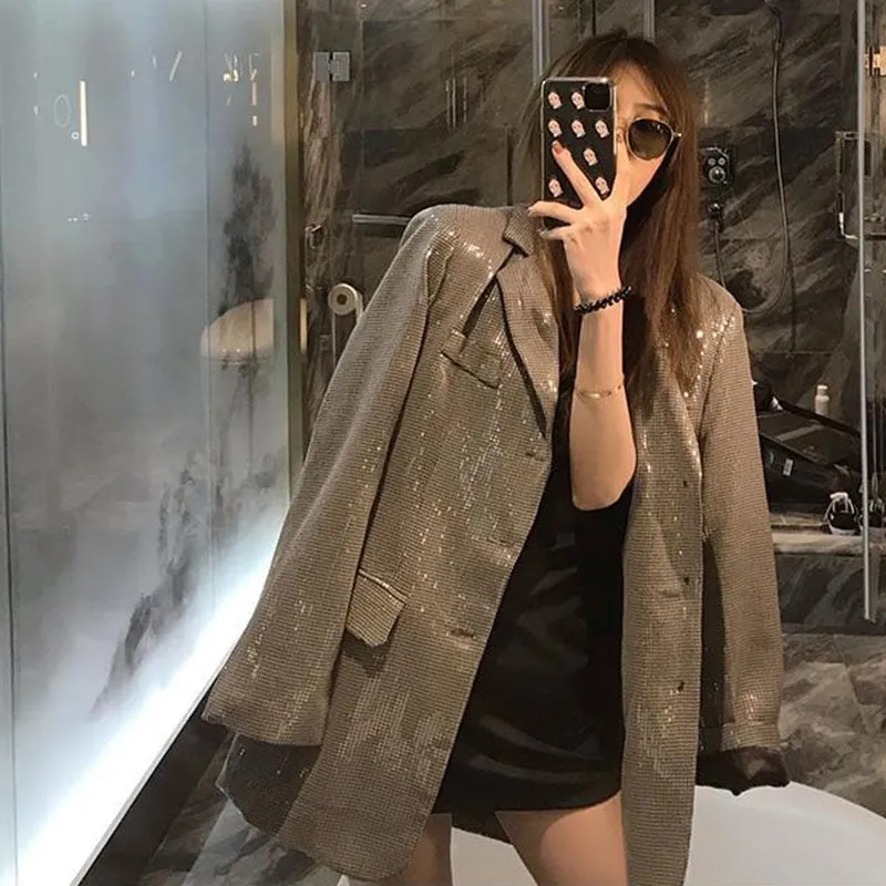 LANFUBEISI Lucyever Korean Fashion Shiny Sequin Blazer Women Luxury Bling Bling Long Sleeve Jacket Woman Streetwear Temperament Loose Coat