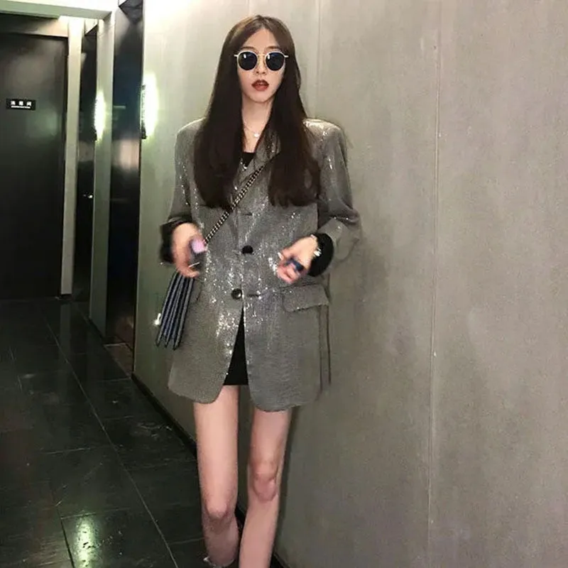 LANFUBEISI Lucyever Korean Fashion Shiny Sequin Blazer Women Luxury Bling Bling Long Sleeve Jacket Woman Streetwear Temperament Loose Coat