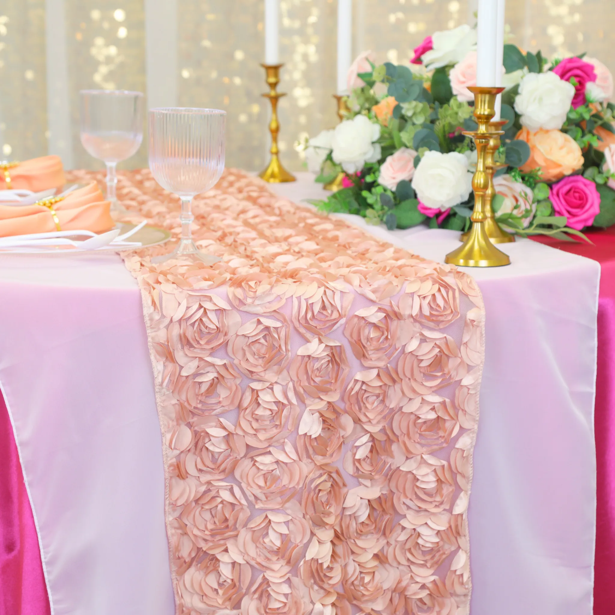 Mini Rosette on Mesh Table Runner - Blush/Rose Gold