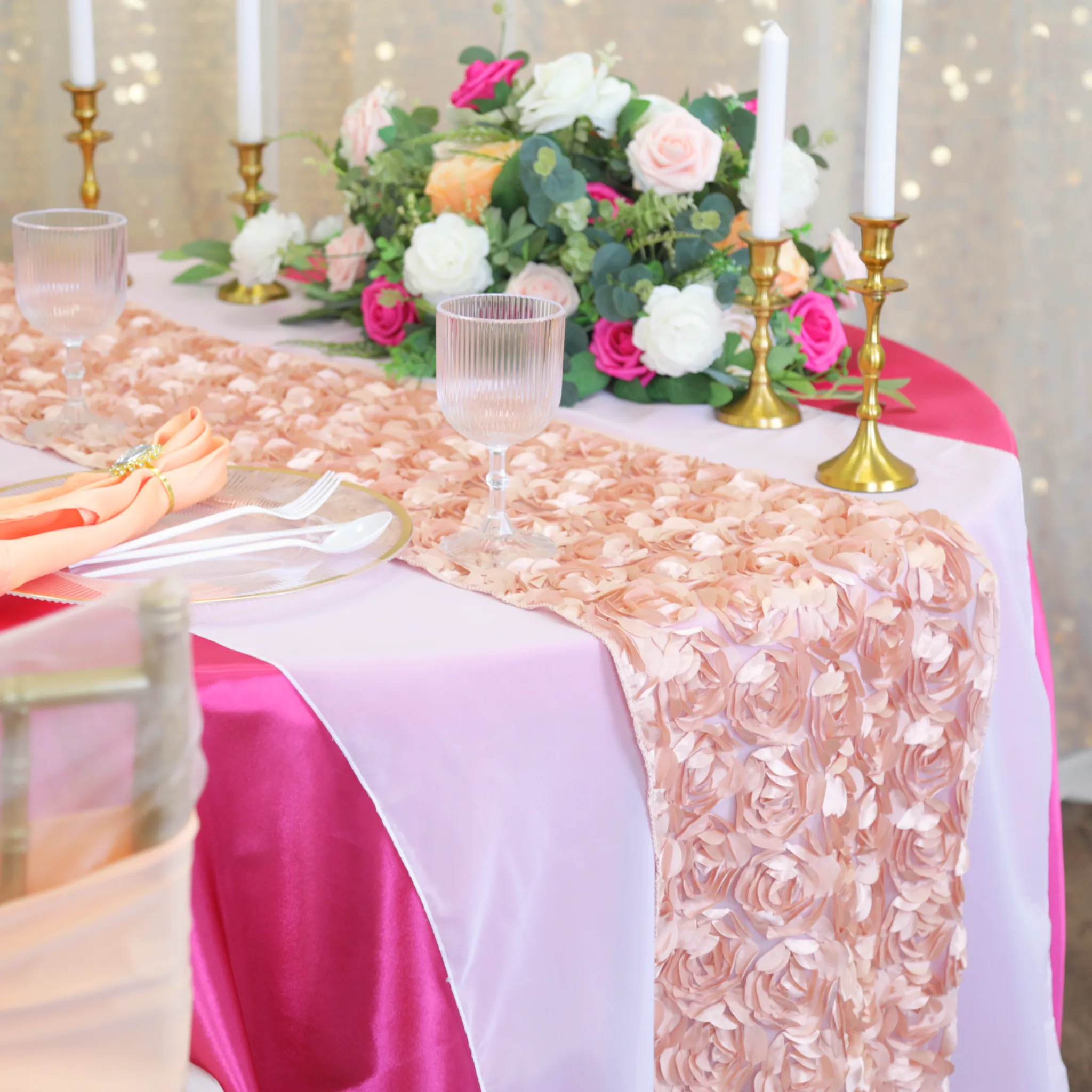 Mini Rosette on Mesh Table Runner - Blush/Rose Gold