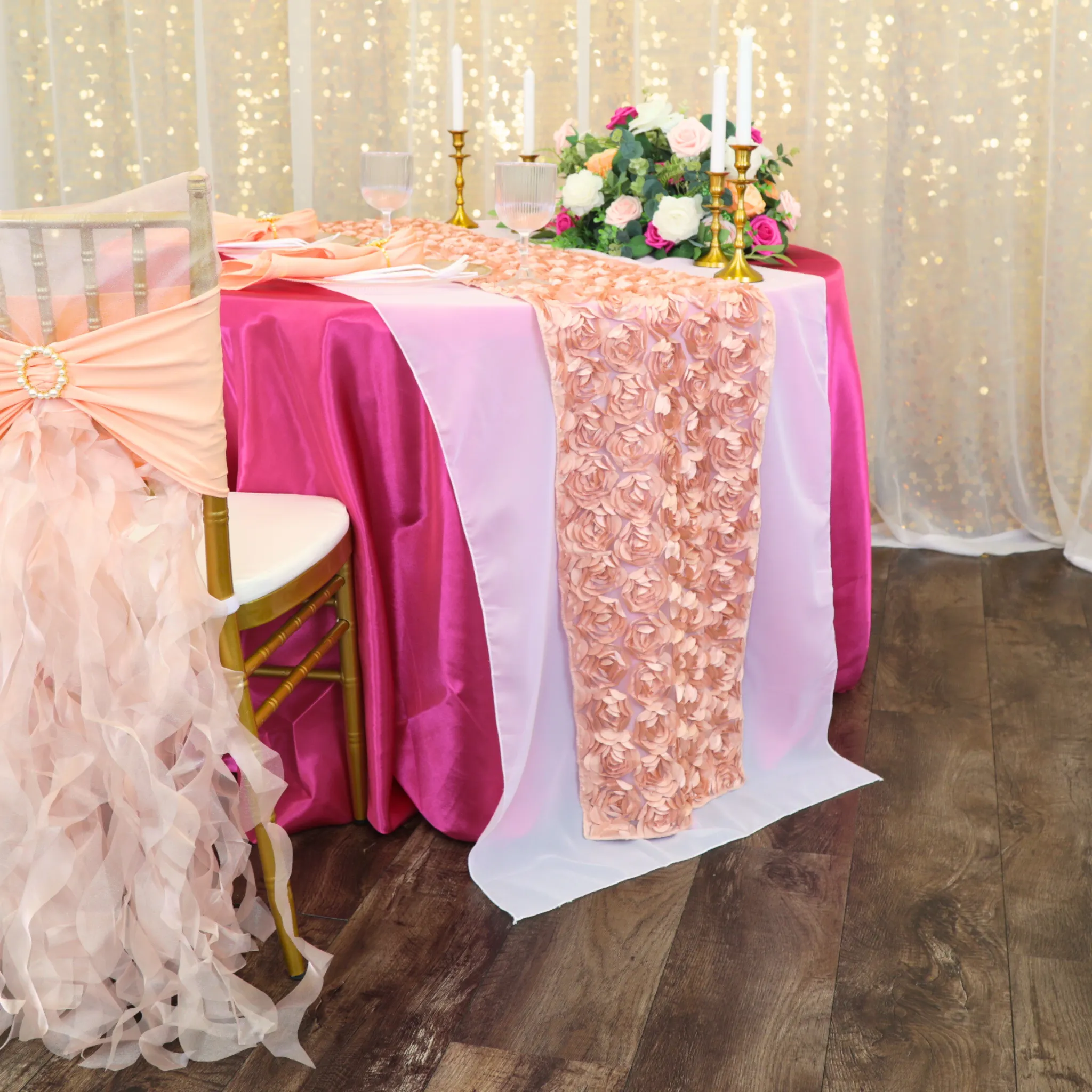 Mini Rosette on Mesh Table Runner - Blush/Rose Gold