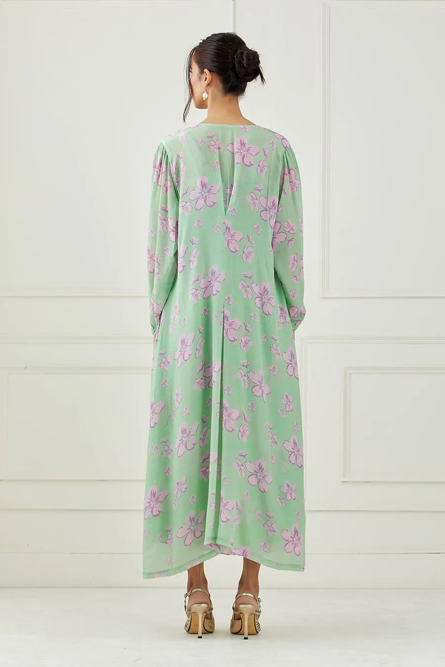 Mint Green Printed Dress & Cape Set