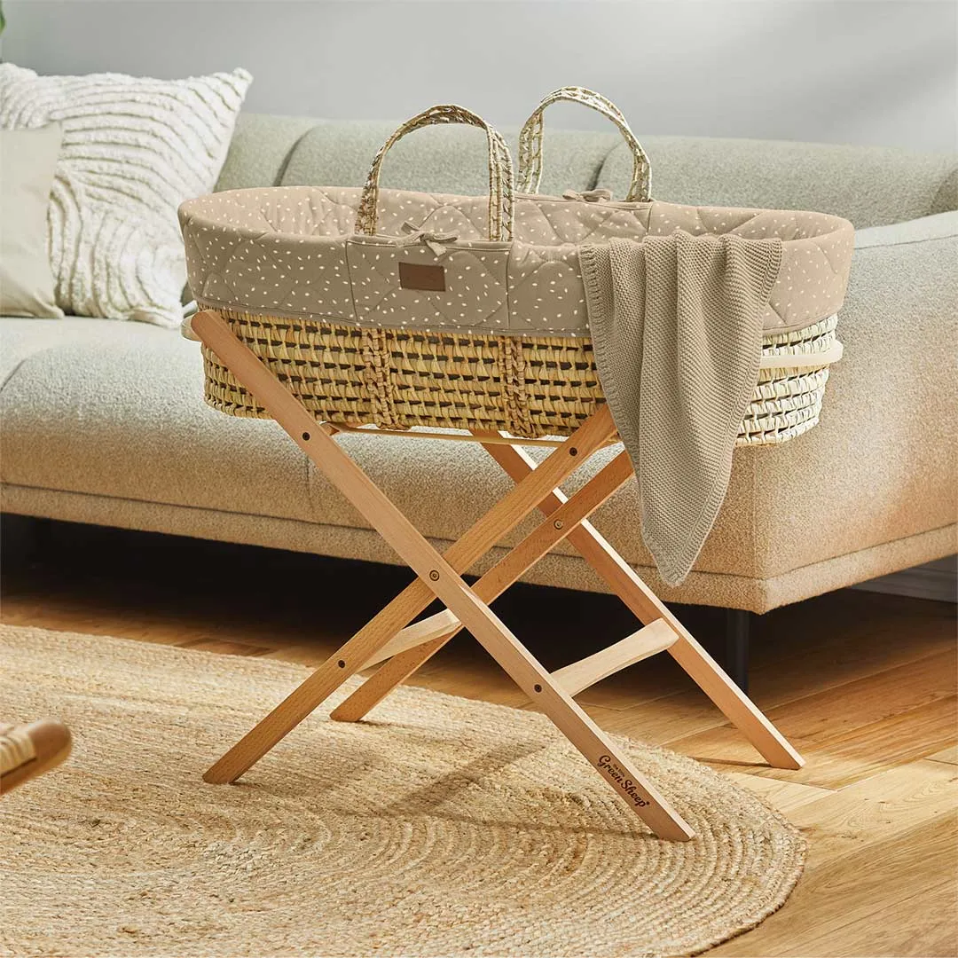 The Little Green Sheep Natural Quilted Moses Basket - Mattress   Static Stand