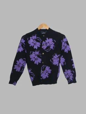 Tricot Comme des Garcons 1997 black wool cardigan with purple painted flowers