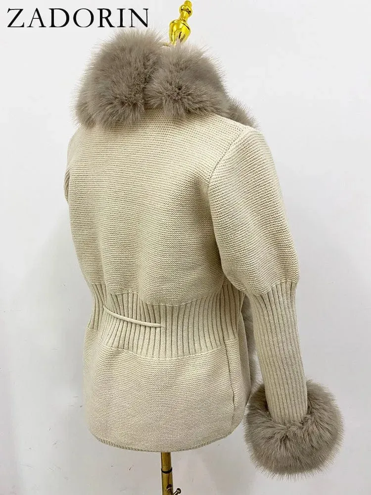 Women  Luxury  Knit Winter Elegant Detachable Fur  Cardigan Korea Style Sweater Women Luxury Knit Winter Elegant Detachable Fur Cardigan Korea Style Sweater