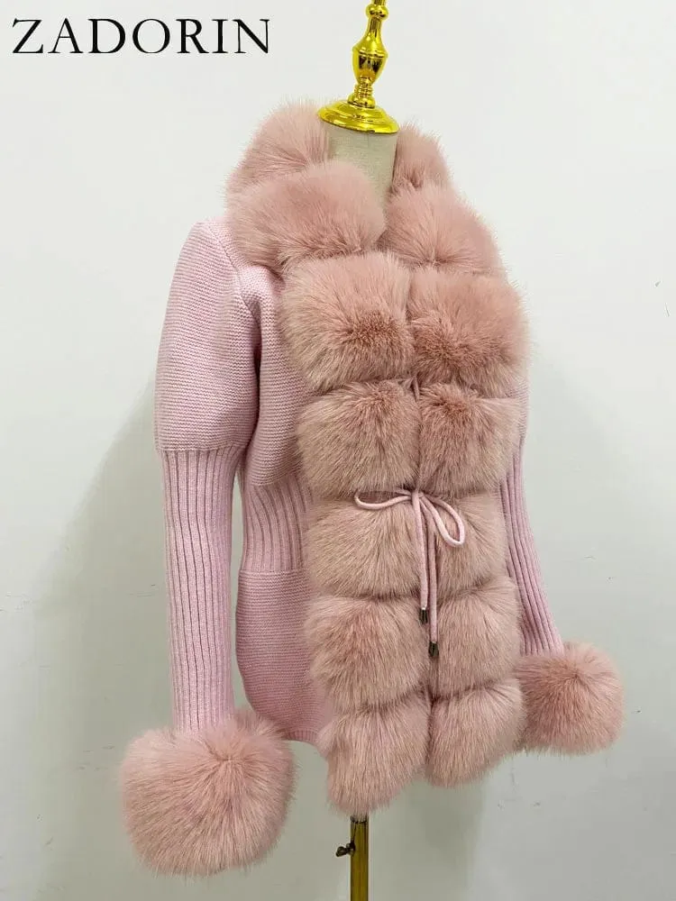 Women  Luxury  Knit Winter Elegant Detachable Fur  Cardigan Korea Style Sweater Women Luxury Knit Winter Elegant Detachable Fur Cardigan Korea Style Sweater