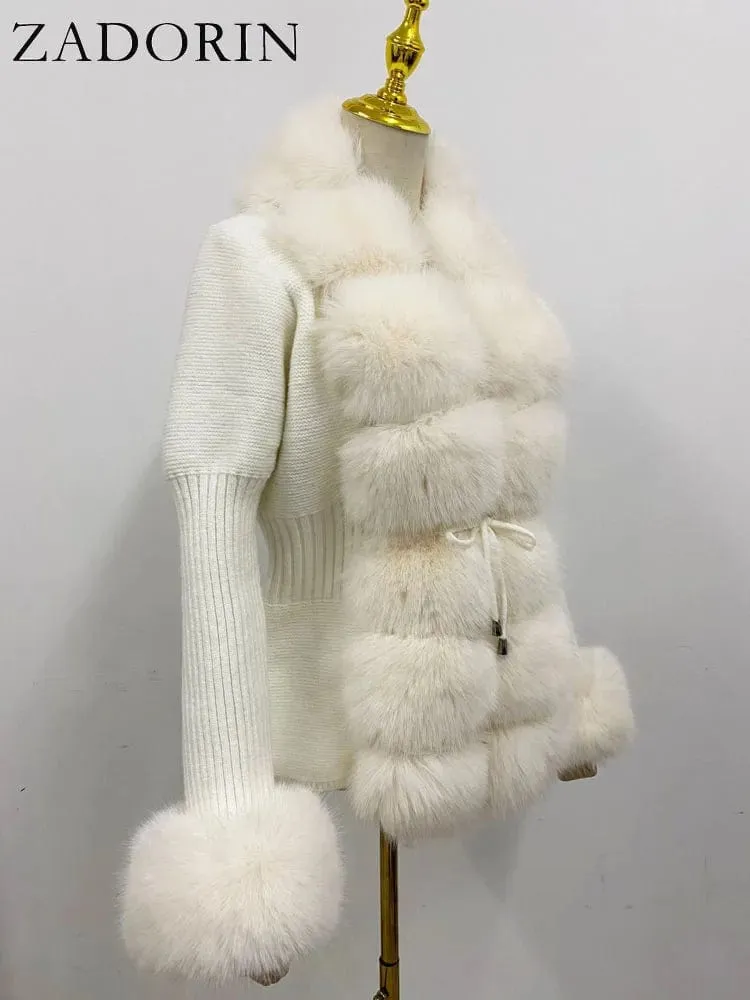 Women  Luxury  Knit Winter Elegant Detachable Fur  Cardigan Korea Style Sweater Women Luxury Knit Winter Elegant Detachable Fur Cardigan Korea Style Sweater