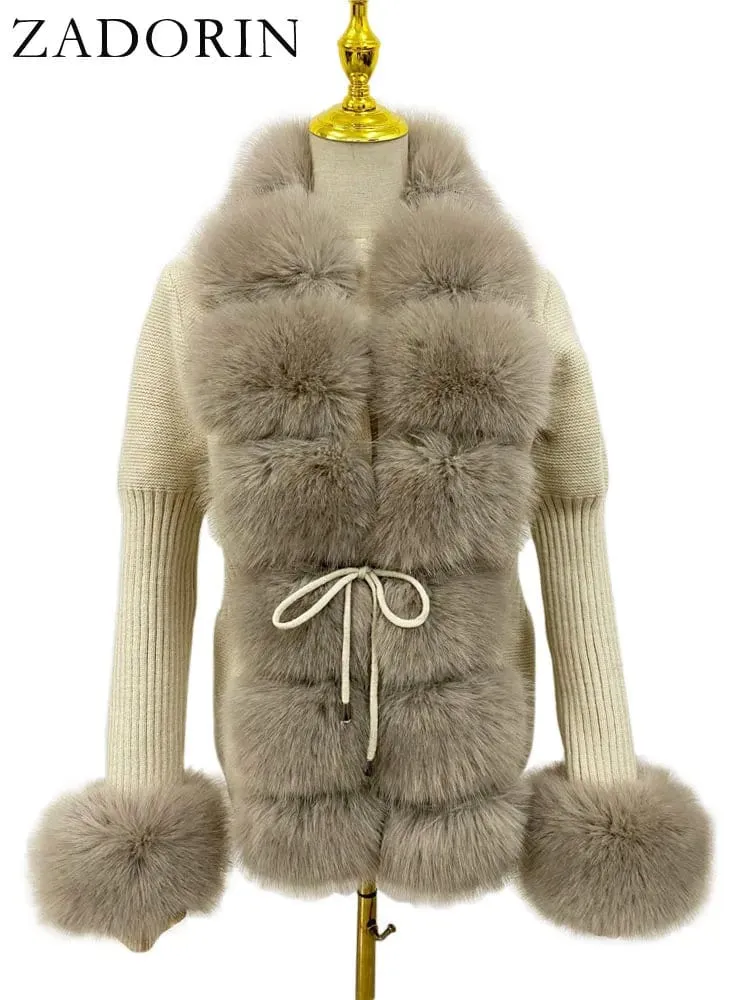 Women  Luxury  Knit Winter Elegant Detachable Fur  Cardigan Korea Style Sweater Women Luxury Knit Winter Elegant Detachable Fur Cardigan Korea Style Sweater