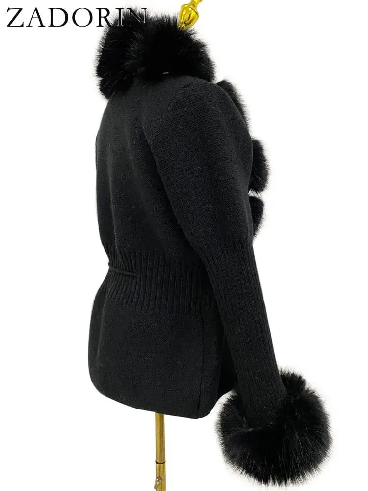 Women  Luxury  Knit Winter Elegant Detachable Fur  Cardigan Korea Style Sweater Women Luxury Knit Winter Elegant Detachable Fur Cardigan Korea Style Sweater