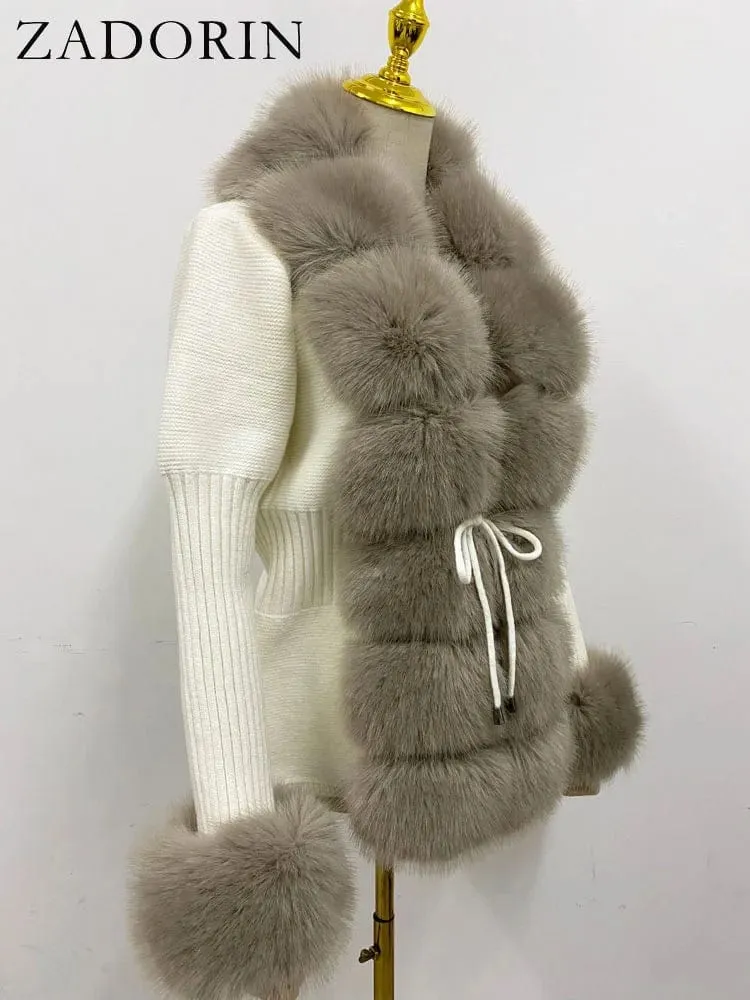 Women  Luxury  Knit Winter Elegant Detachable Fur  Cardigan Korea Style Sweater Women Luxury Knit Winter Elegant Detachable Fur Cardigan Korea Style Sweater