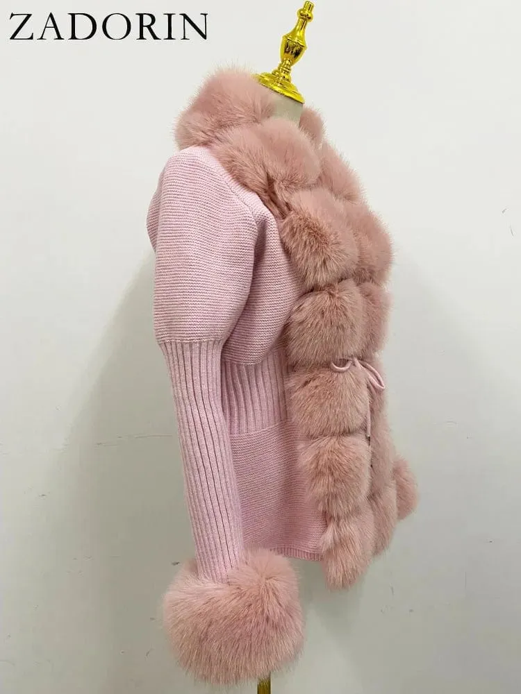 Women  Luxury  Knit Winter Elegant Detachable Fur  Cardigan Korea Style Sweater Women Luxury Knit Winter Elegant Detachable Fur Cardigan Korea Style Sweater